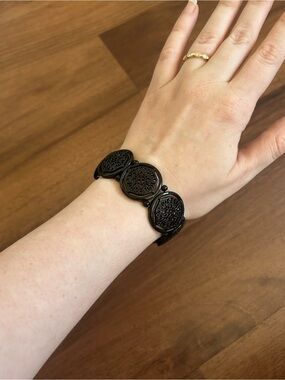 Black Carved Medallion Metal Link Bracelet
